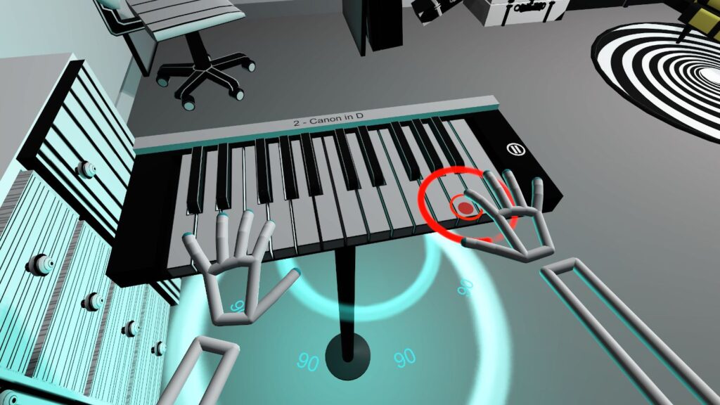 VR Pianist game screenshot - player is using hand tracking (Leap Motion controller) and plays Canon in D on a piano in VR.