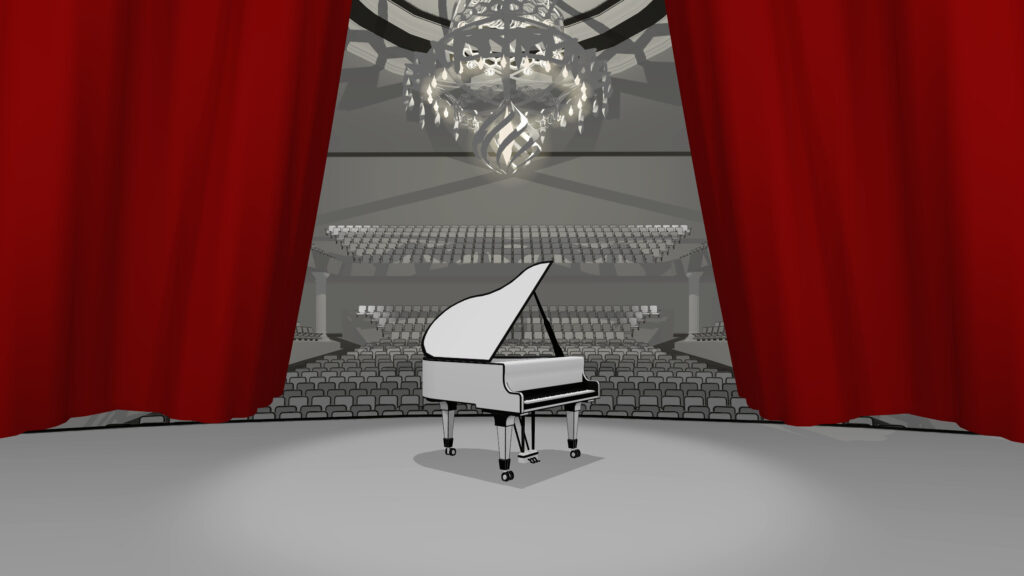 red curtain in concert hall in vr pianist game